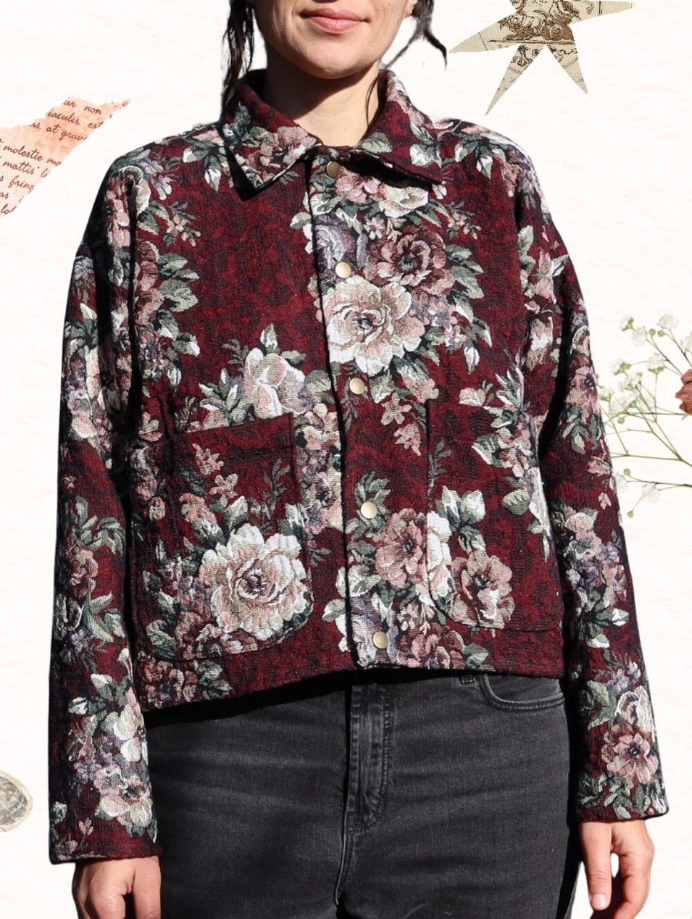 Upcycled Floral Jacket in Burgundy Vintage Tapestry Blanket